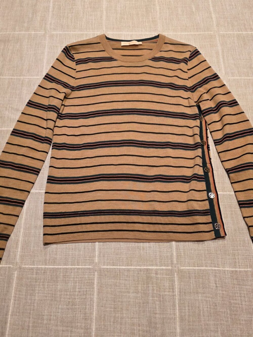 Tory Burch Madeline 100% Merino Wool Striped Sweater Gold Button Accent S - Picture 4 of 10